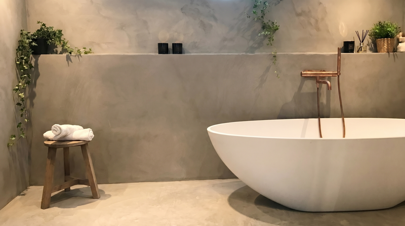 Badrum i Gråbeige microcement – badkar, kopparkran, växter